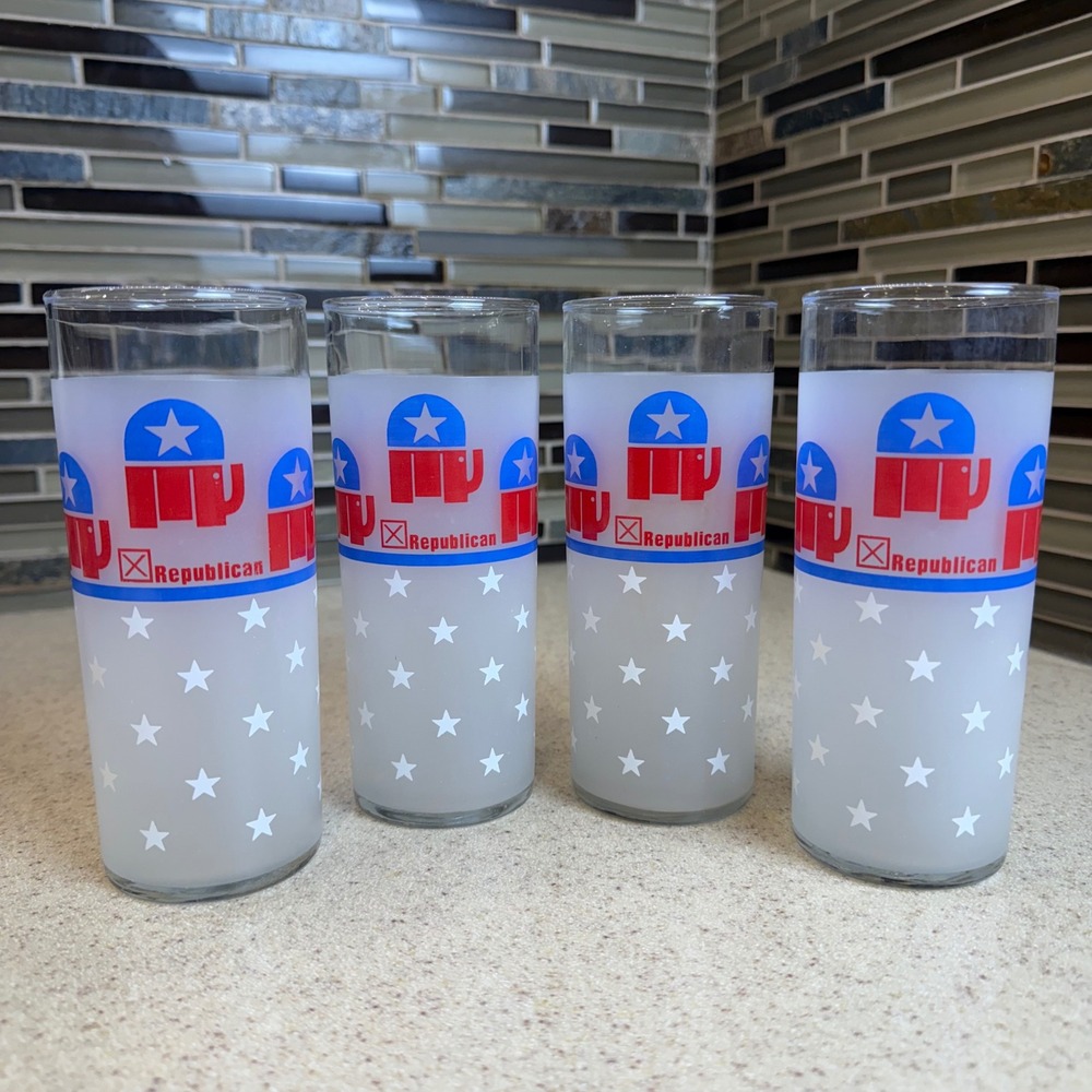 Vintage Republican Party Elephant Frosted Highball Glasses Set of 4‎ Patriotic